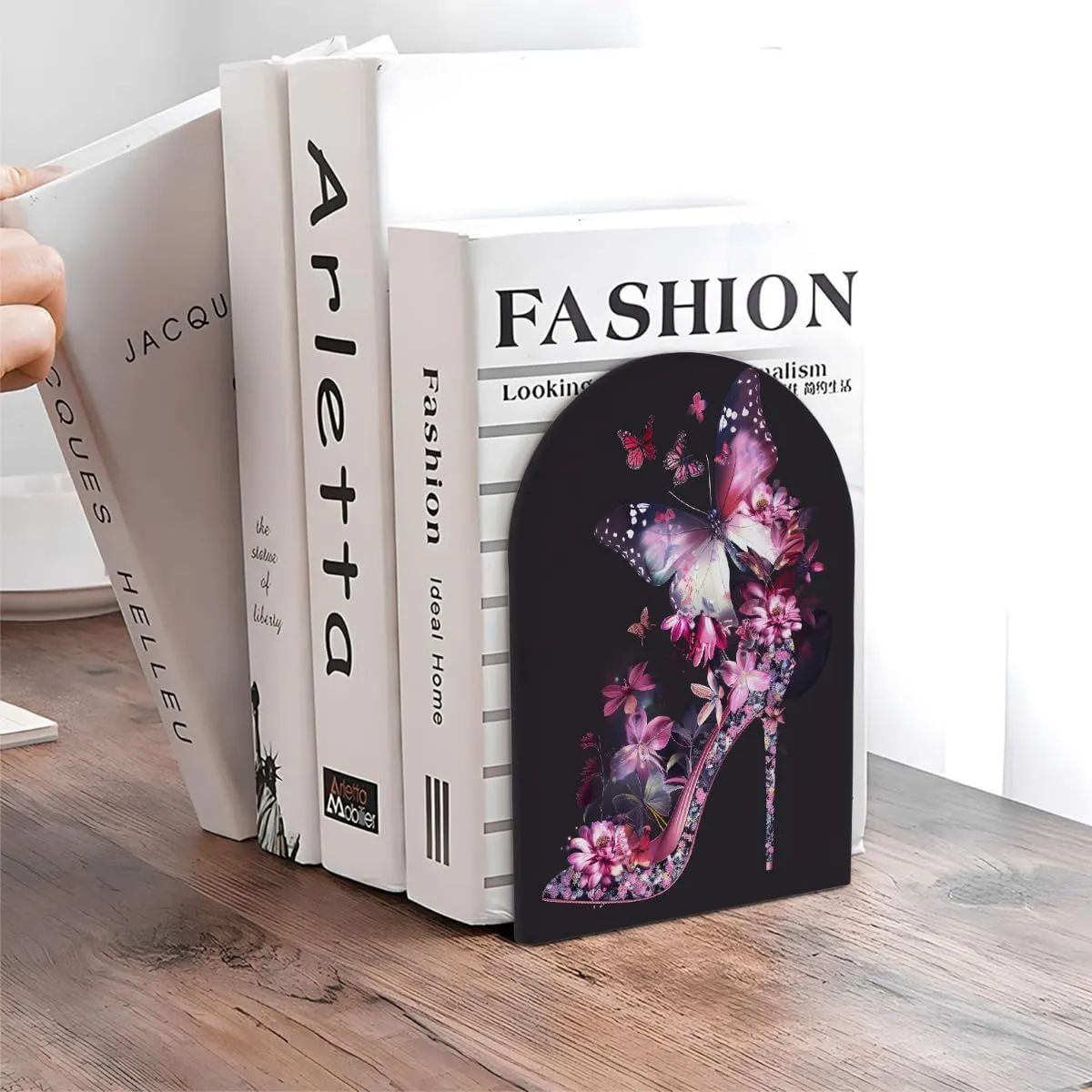 High Heels Flowers Butterfly Large Wooden Bookends Decorative Bookend Non-Slip Heavy Duty Book Ends for Office Desk Home Office Library School Study Decoration Book Dividers for Shelves,1 Pair