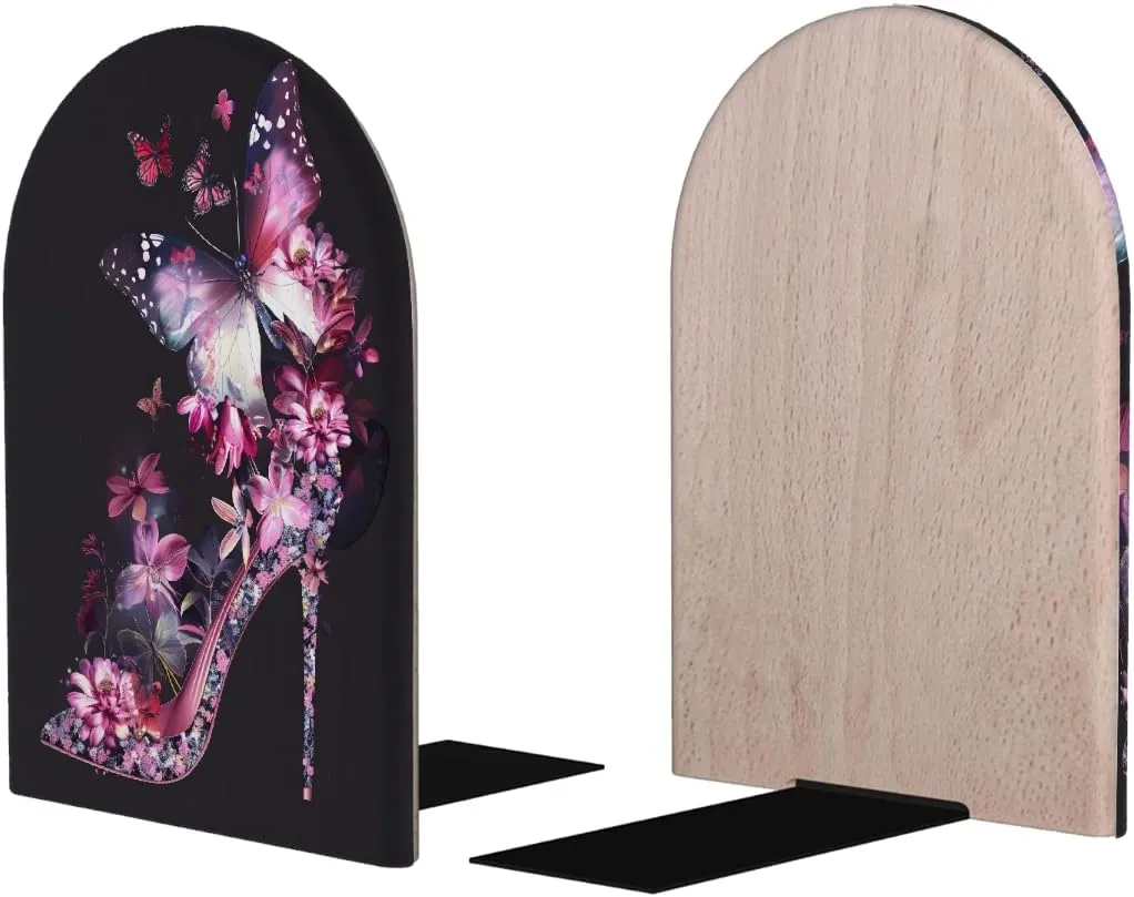 High Heels Flowers Butterfly Large Wooden Bookends Decorative Bookend Non-Slip Heavy Duty Book Ends for Office Desk Home Office Library School Study Decoration Book Dividers for Shelves,1 Pair