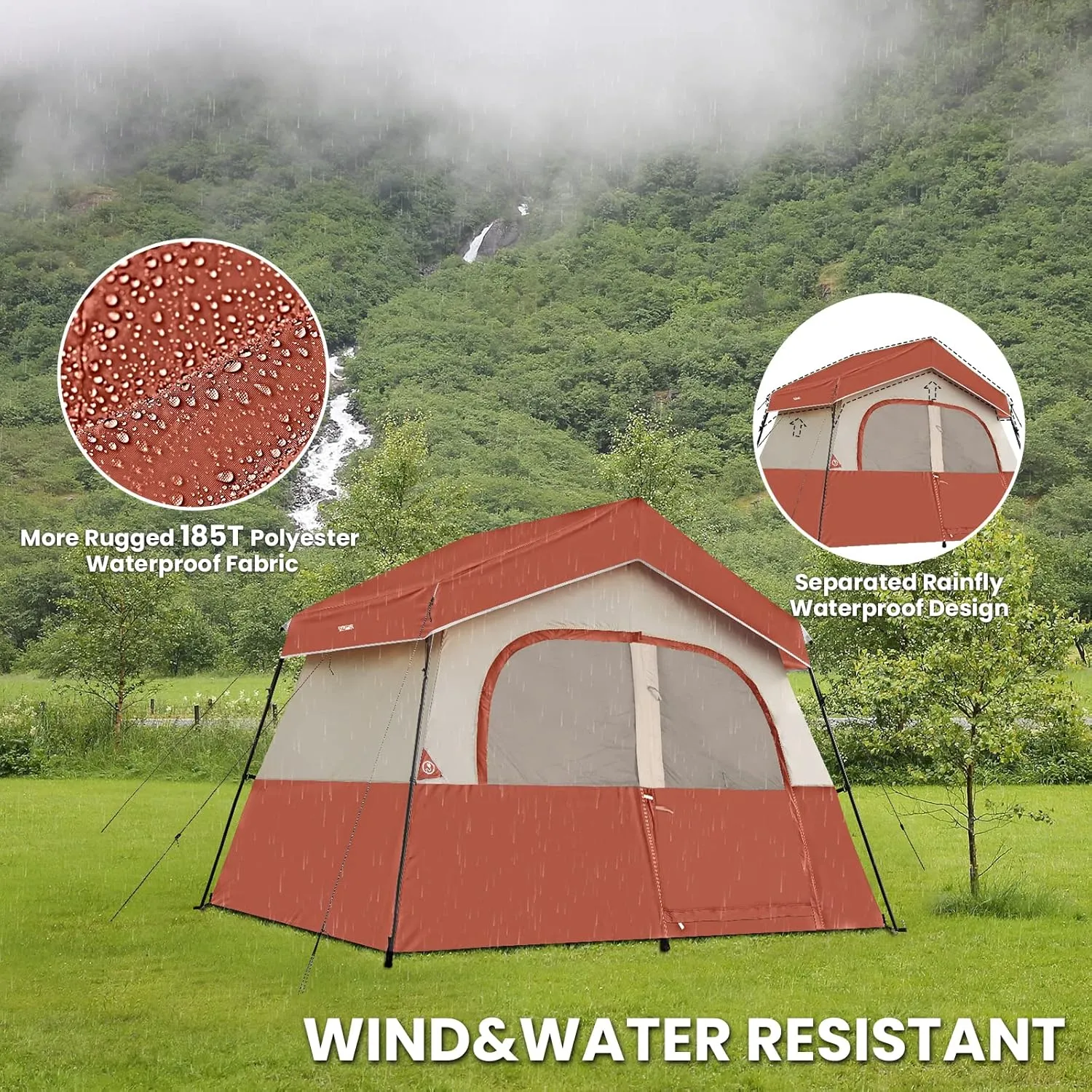 HIKERGARDEN 6-8 Person Camping Tent - Portable Family Cabin Tent for Camp, Windproof Fabric Camp Tent Outdoor for Hiking, Backpacking, Traveling