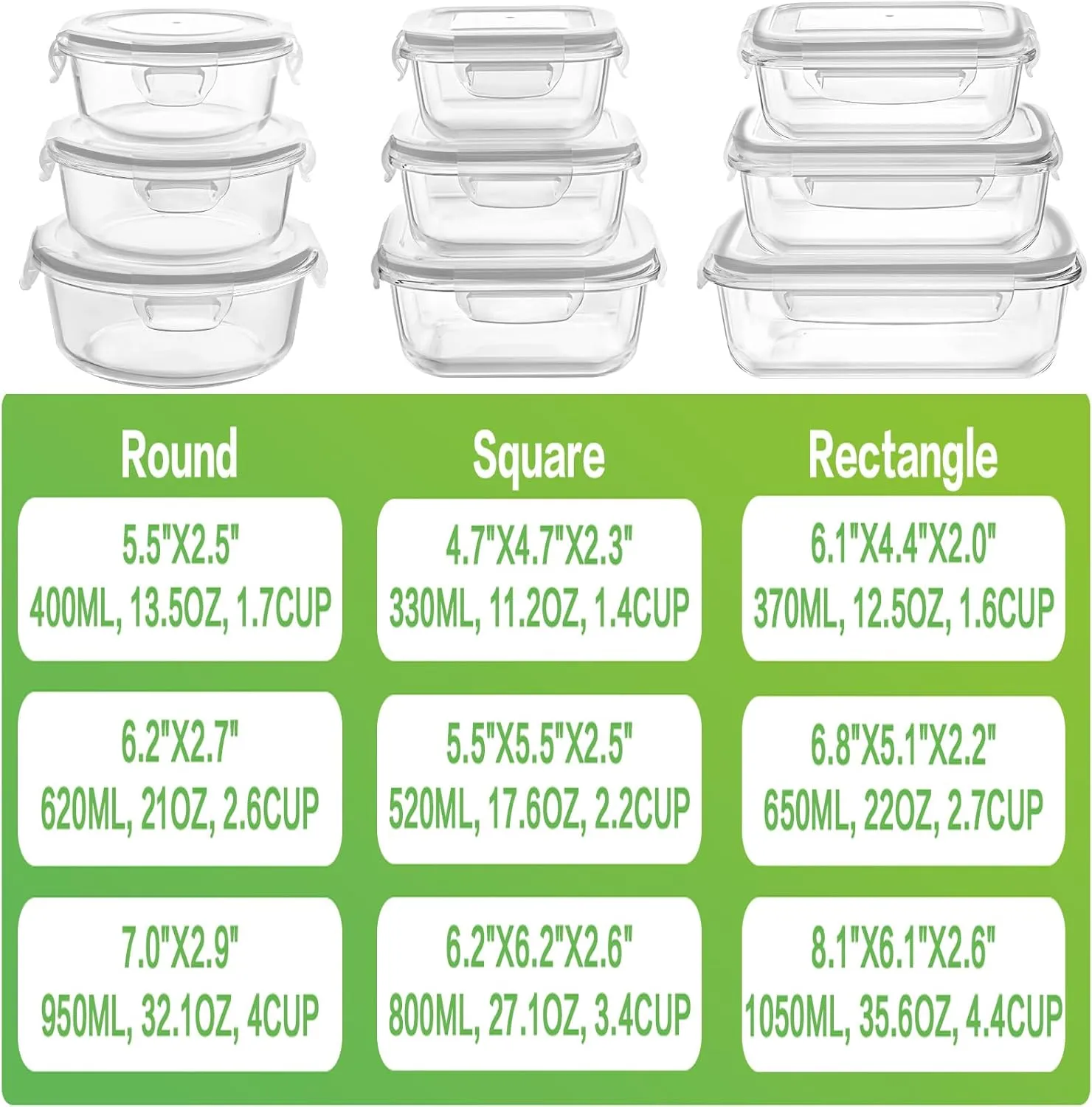 HOMBERKING Glass Food Storage Containers with Lids, [18 Piece] Glass Meal Prep Containers, Airtight Glass Lunch Bento Boxes, BPA-Free & Leak Proof (9 lids & 9 Containers) - Grey