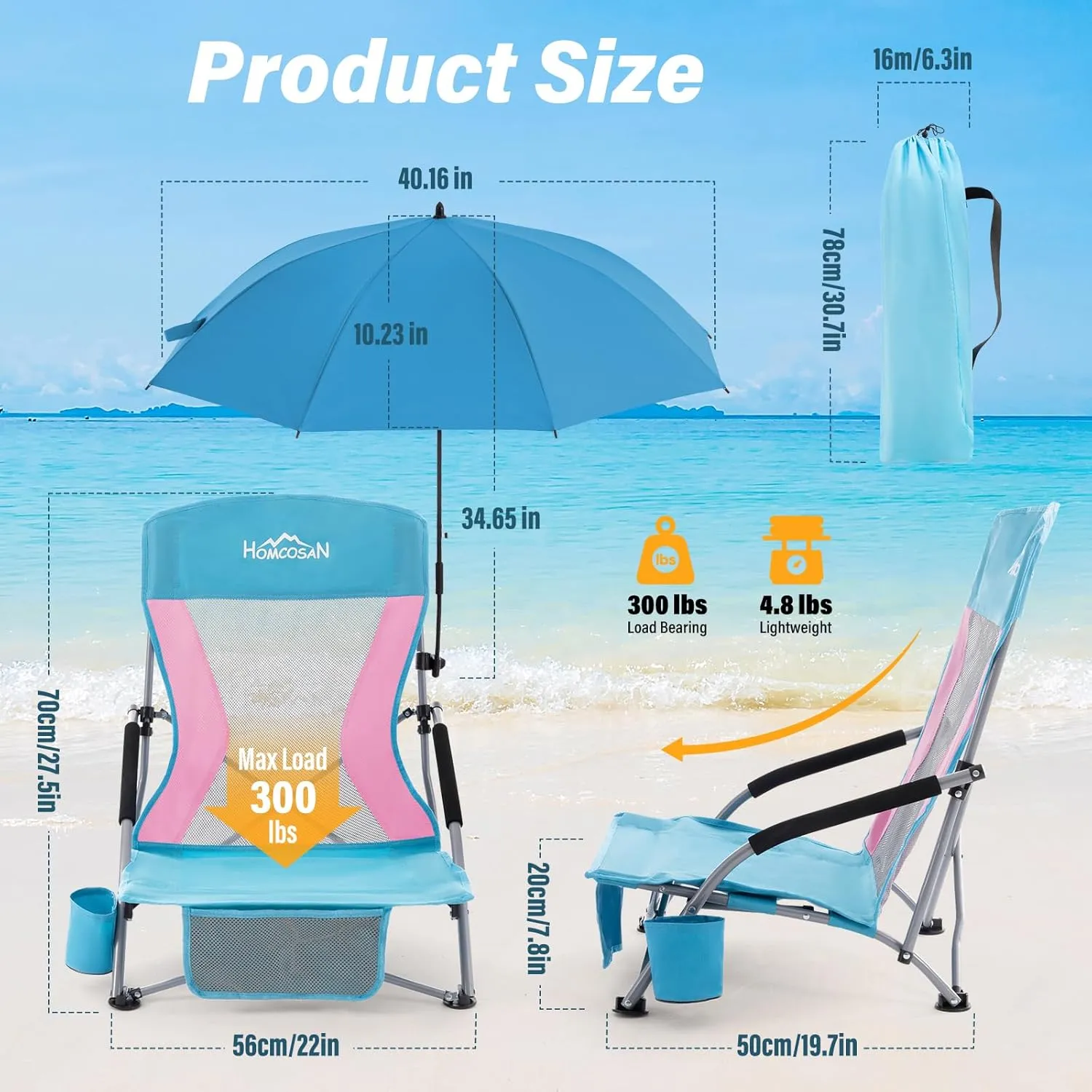 Homcosan Portable Low Folding Beach Chair with Detachable Umbrella - Lightweight Camping Chair for Adults with Cup Holder & Storage Pocket, Carry Bag Included (Blue & Pink)