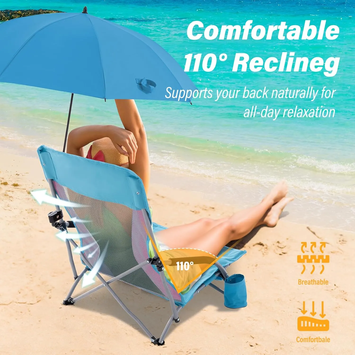 Homcosan Portable Low Folding Beach Chair with Detachable Umbrella - Lightweight Camping Chair for Adults with Cup Holder & Storage Pocket, Carry Bag Included (Blue & Pink)