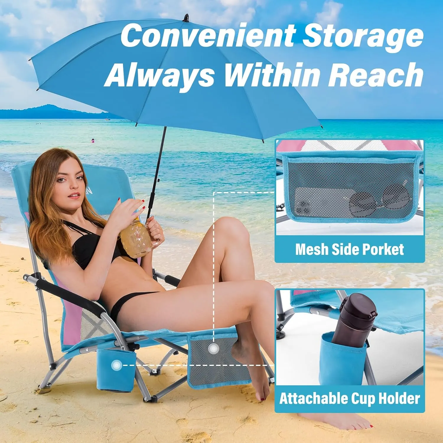 Homcosan Portable Low Folding Beach Chair with Detachable Umbrella - Lightweight Camping Chair for Adults with Cup Holder & Storage Pocket, Carry Bag Included (Blue & Pink)