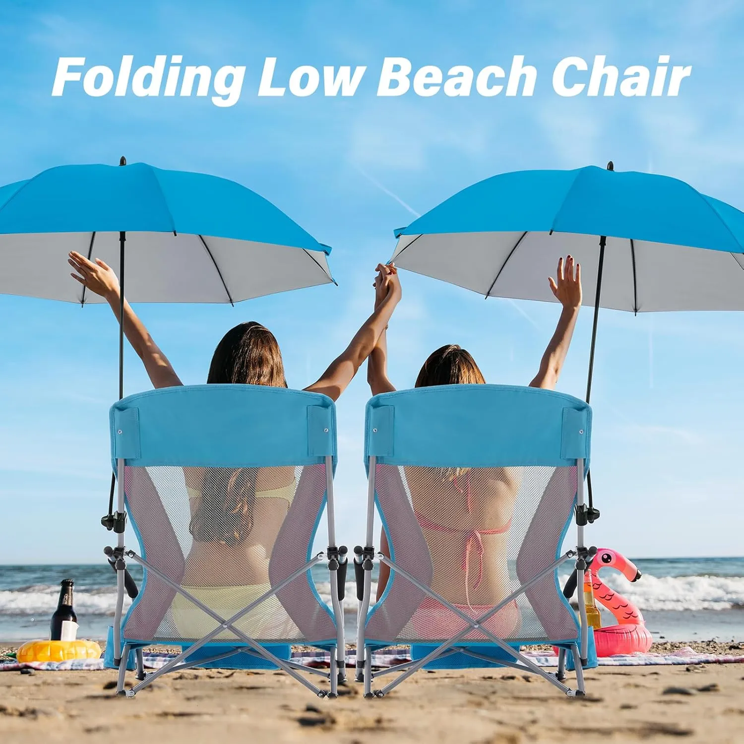 Homcosan Portable Low Folding Beach Chair with Detachable Umbrella - Lightweight Camping Chair for Adults with Cup Holder & Storage Pocket, Carry Bag Included (Blue & Pink)