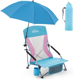 Homcosan Portable Low Folding Beach Chair with Detachable Umbrella - Lightweight Camping Chair for Adults with Cup Holder & Storage Pocket, Carry Bag Included (Blue & Pink)