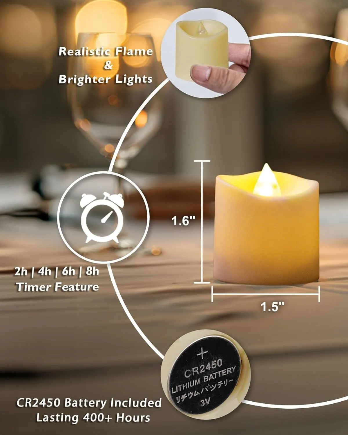 Homemory 24Pack 400  Hour Timer Remote Control Flameless Votive Candles, Battery Operated LED Tea Lights in Warm White for Outdoor, Table, Halloween, Christmas-Ivory Base