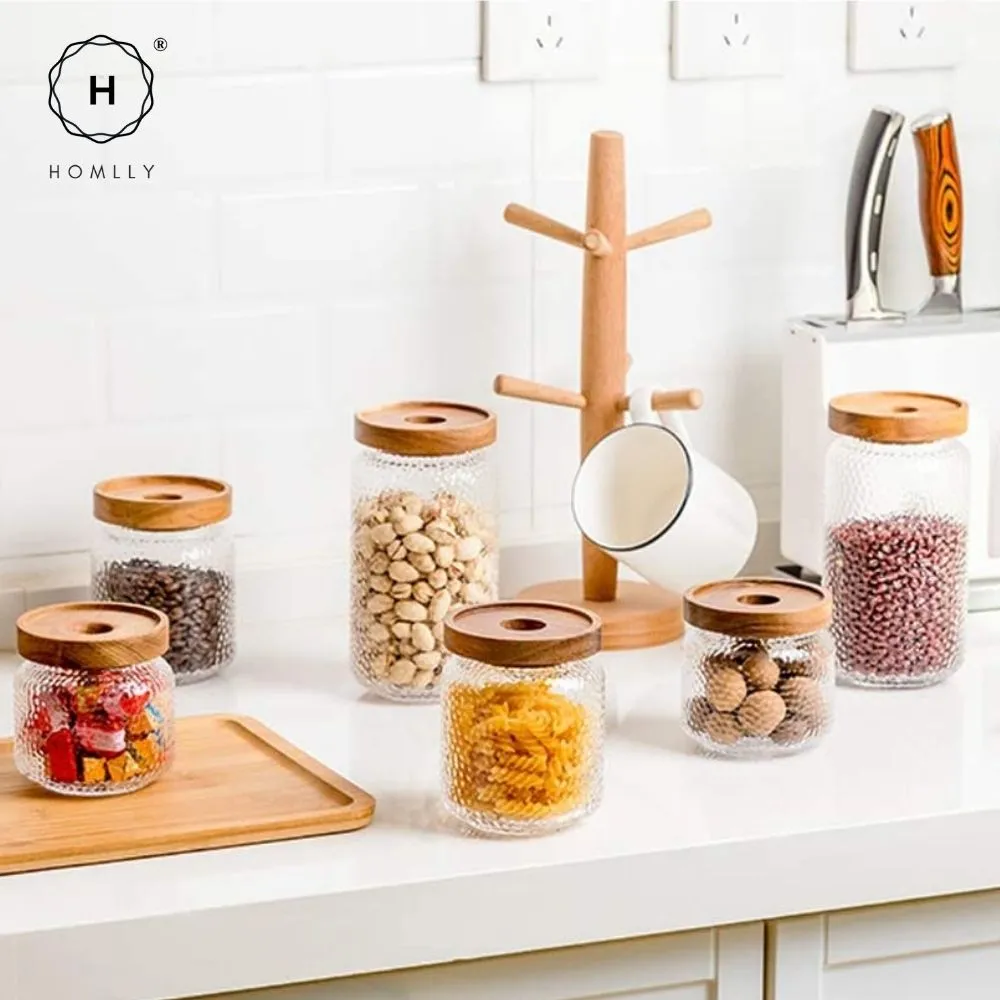 Homlly Stackable Airtight Glass Jar Storage Containers with Acacia Lids