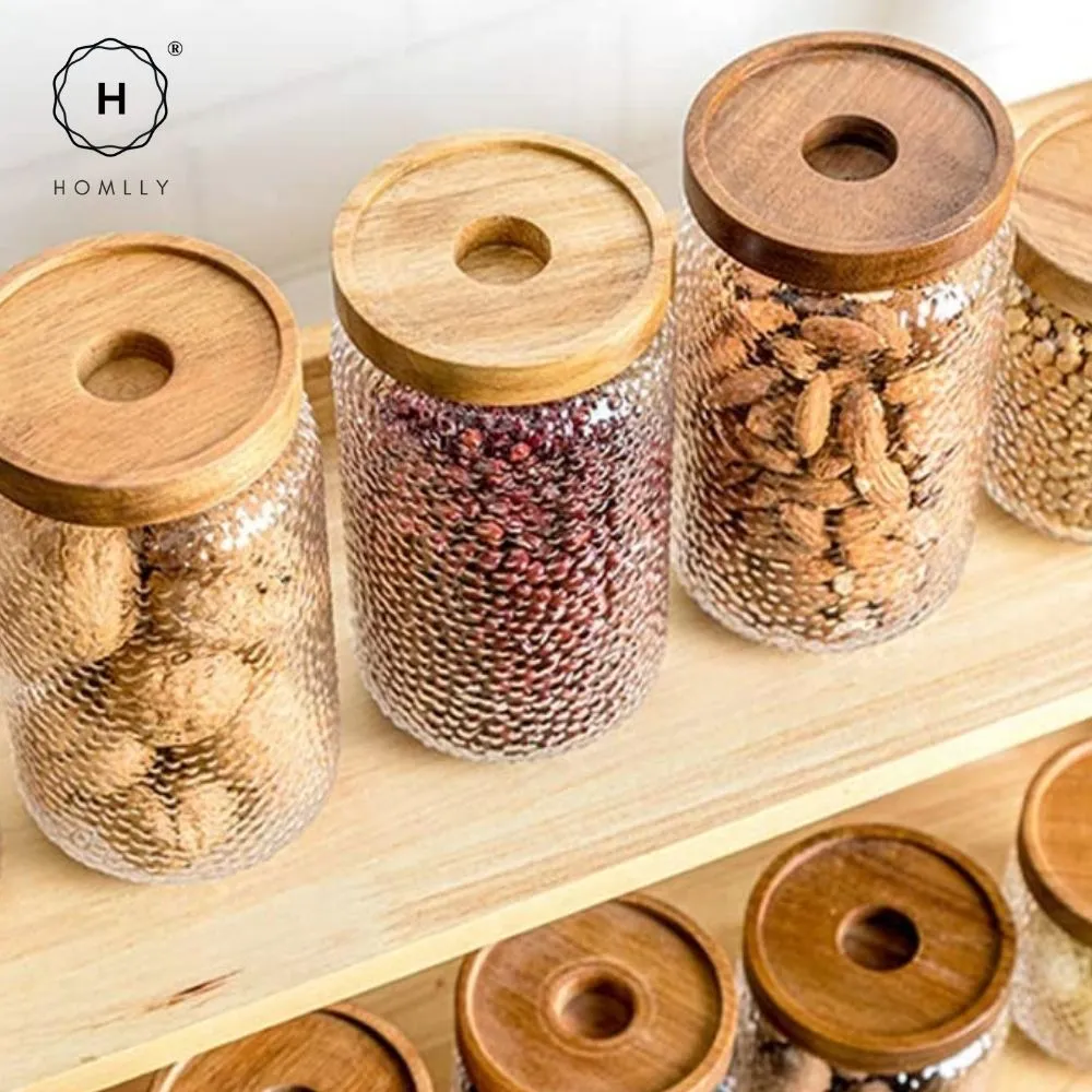 Homlly Stackable Airtight Glass Jar Storage Containers with Acacia Lids