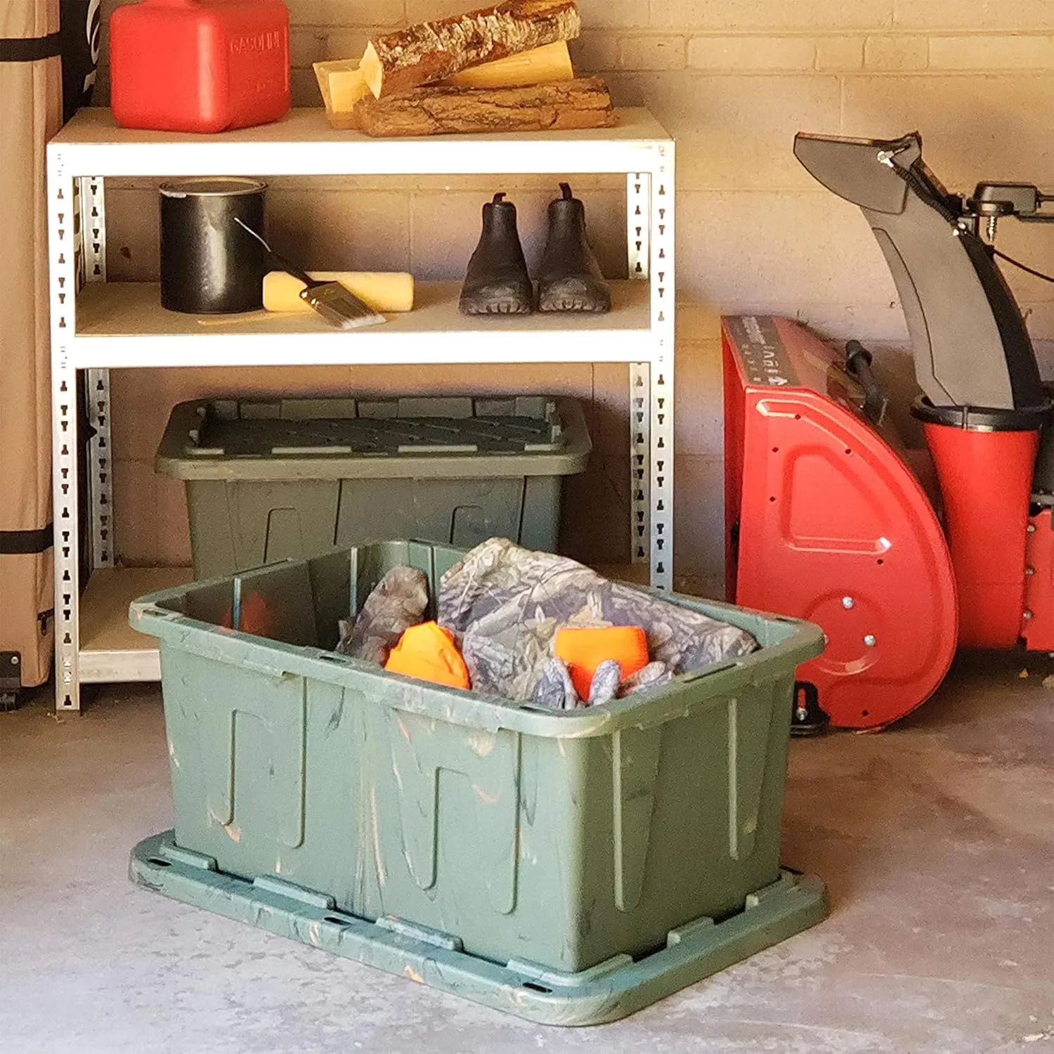 HOMZ 2-Pack Durabilt Tote, Heavy Duty Plastic Storage Bins with Lids, 27 Gallon, Green Camo - Stackable Organizing Containers for Home, Garage, and Office