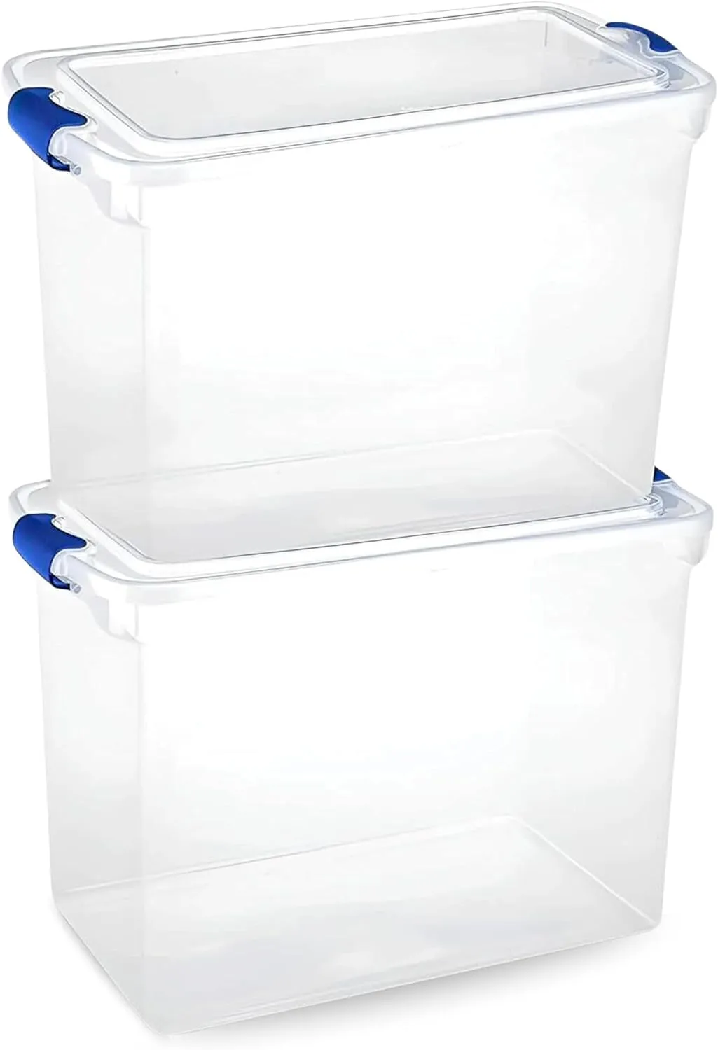HOMZ 2-Pack Latching Lid, Clear Plastic Storage Organizer Bins, 112 Quart, Blue Latch - Stackable Organizing Containers for Home, Garage, and Office
