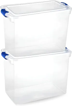 HOMZ 2-Pack Latching Lid, Clear Plastic Storage Organizer Bins, 112 Quart, Blue Latch - Stackable Organizing Containers for Home, Garage, and Office