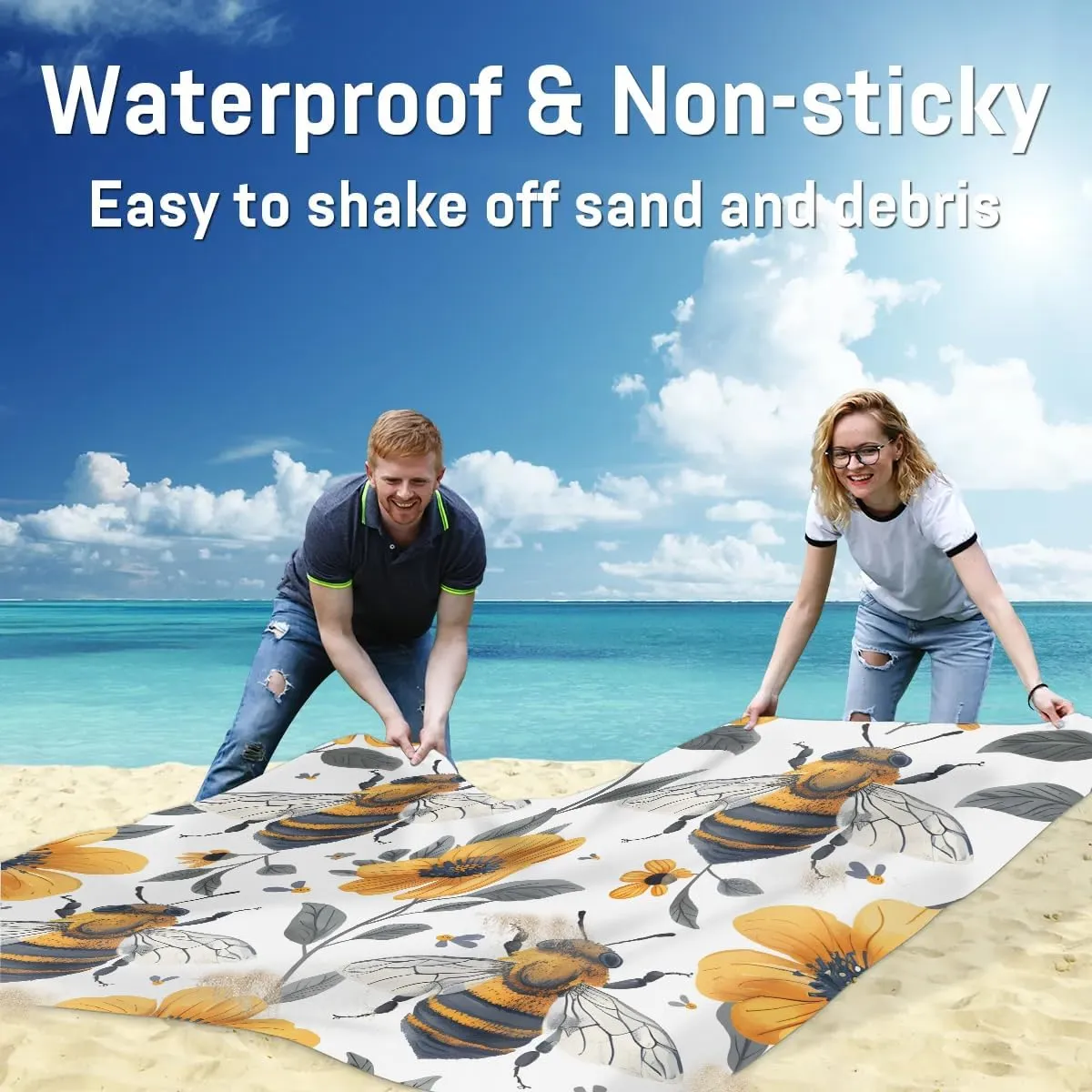 Honey Bee Beach Blanket, Sandproof Beach Mat, 68 x 59 Waterproof Quick Drying Sand Free Mat with 4 x Ground Spikes for Outdoor Travel Camping Hiking, Spring Flower Bee