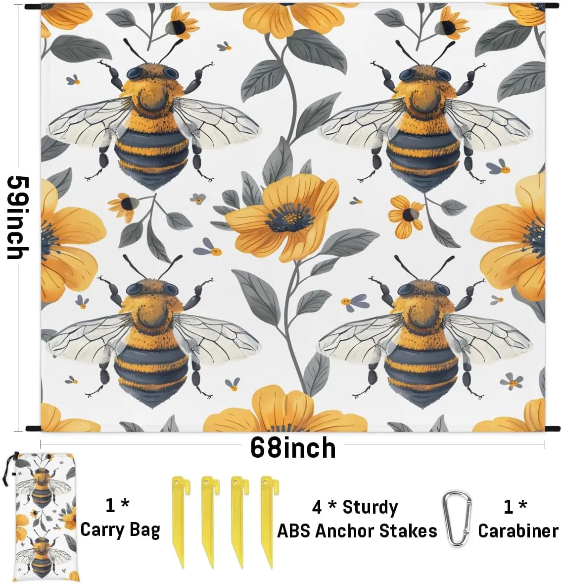 Honey Bee Beach Blanket, Sandproof Beach Mat, 68 x 59 Waterproof Quick Drying Sand Free Mat with 4 x Ground Spikes for Outdoor Travel Camping Hiking, Spring Flower Bee