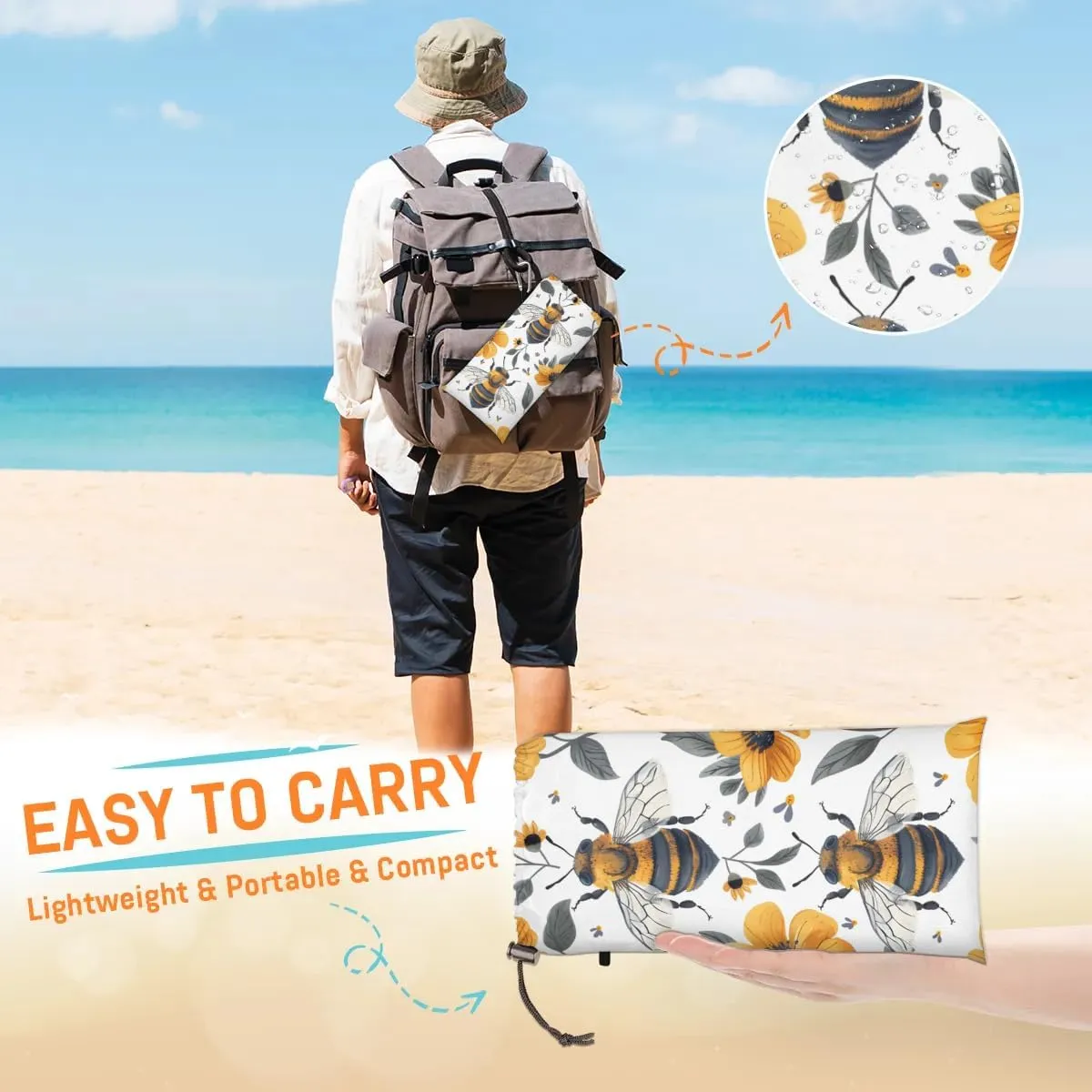 Honey Bee Beach Blanket, Sandproof Beach Mat, 68 x 59 Waterproof Quick Drying Sand Free Mat with 4 x Ground Spikes for Outdoor Travel Camping Hiking, Spring Flower Bee