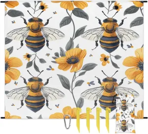 Honey Bee Beach Blanket, Sandproof Beach Mat, 68 x 59 Waterproof Quick Drying Sand Free Mat with 4 x Ground Spikes for Outdoor Travel Camping Hiking, Spring Flower Bee