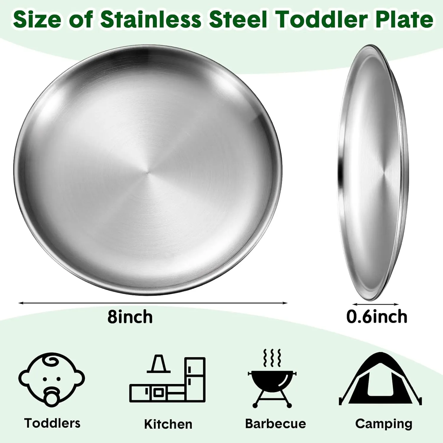 Honeydak 10 Pcs 18/8 Stainless Steel Plate Bulk 304 Stainless Steel Dishes 8 Inches Adult Reusable Camping Plates Dishwasher Safe Feeding Serving Flat Plate Double Layers Round Dessert(Silver)