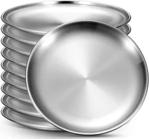 Honeydak 10 Pcs 18/8 Stainless Steel Plate Bulk 304 Stainless Steel Dishes 8 Inches Adult Reusable Camping Plates Dishwasher Safe Feeding Serving Flat Plate Double Layers Round Dessert(Silver)