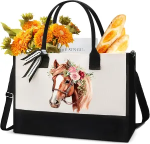 Horse Canvas Tote Bag - Horses Lover Gifts Bags Flower Horses Watercolor Large Personalized Crossbody Totes With Zipper Reusable Handbag Present Holiday Birthday Gift for Her Women Mom