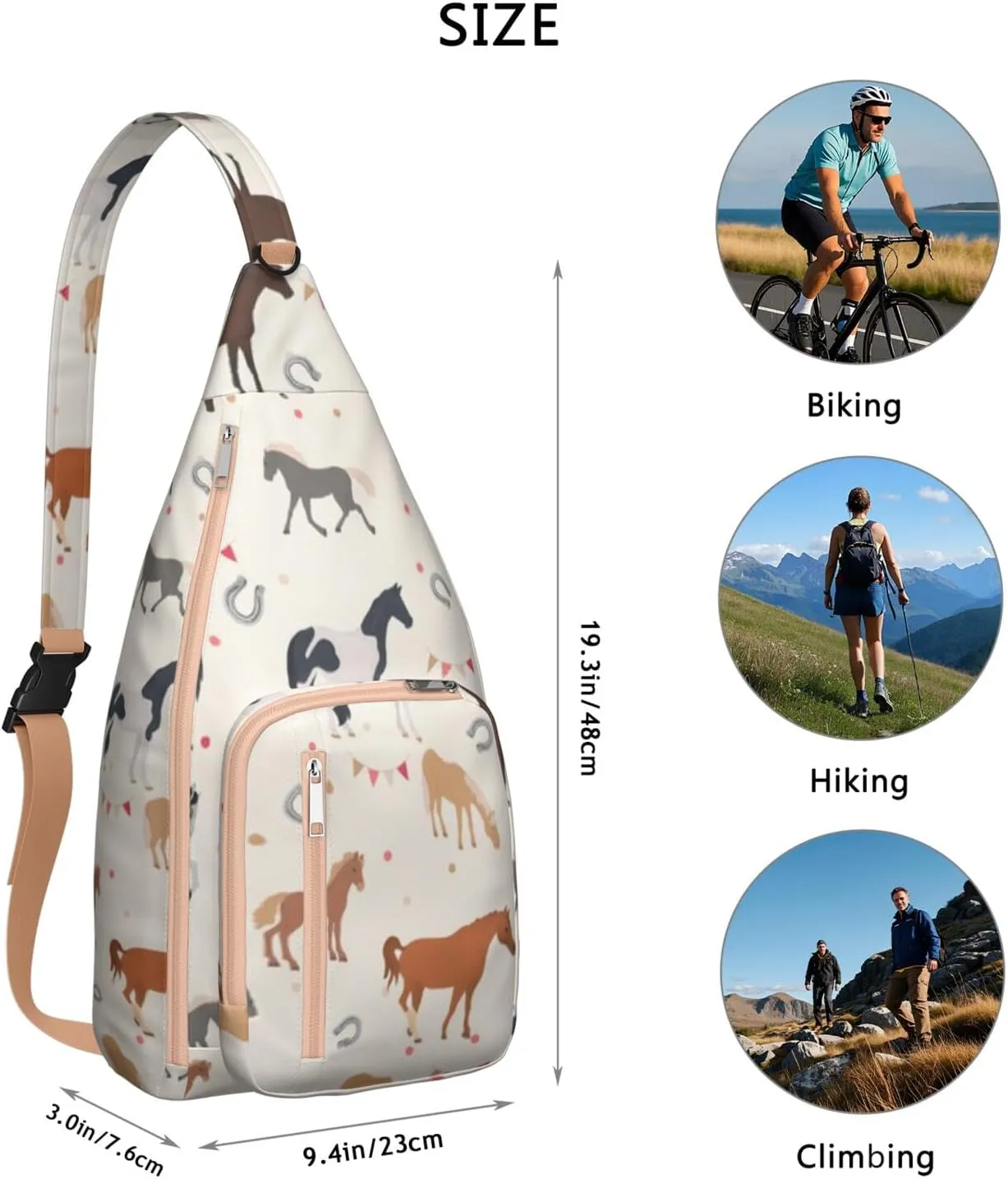 Horse rural flower Crossbody Bag Daypack for Women Men Lightweight Waterproof Sling Bag Backpack Hiking Cycling