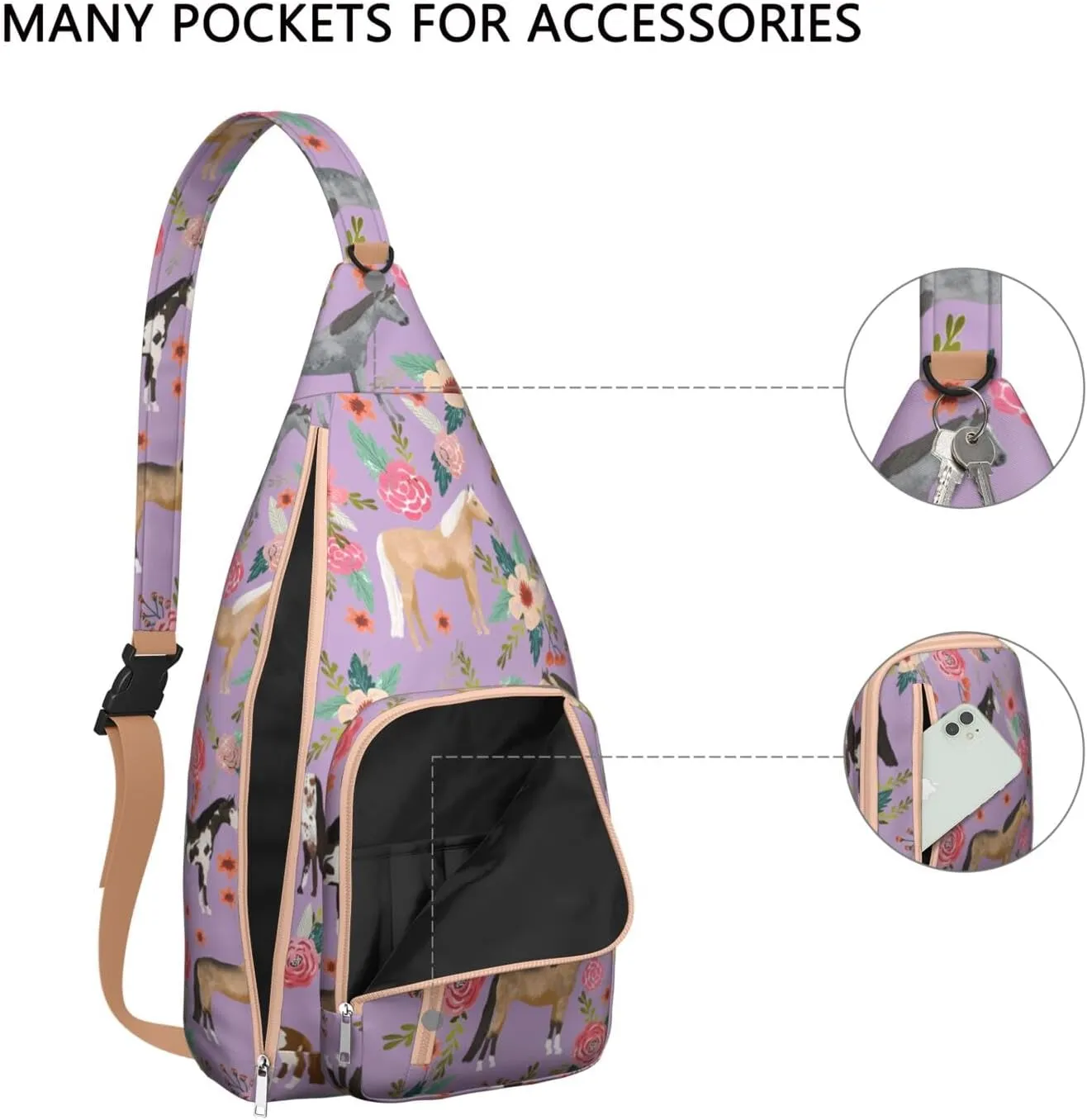 Horse rural flower Crossbody Bag Daypack for Women Men Lightweight Waterproof Sling Bag Backpack Hiking Cycling