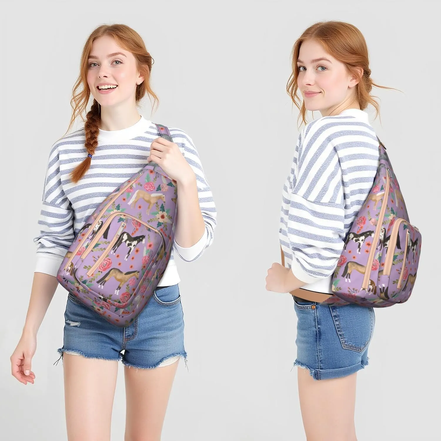 Horse rural flower Crossbody Bag Daypack for Women Men Lightweight Waterproof Sling Bag Backpack Hiking Cycling
