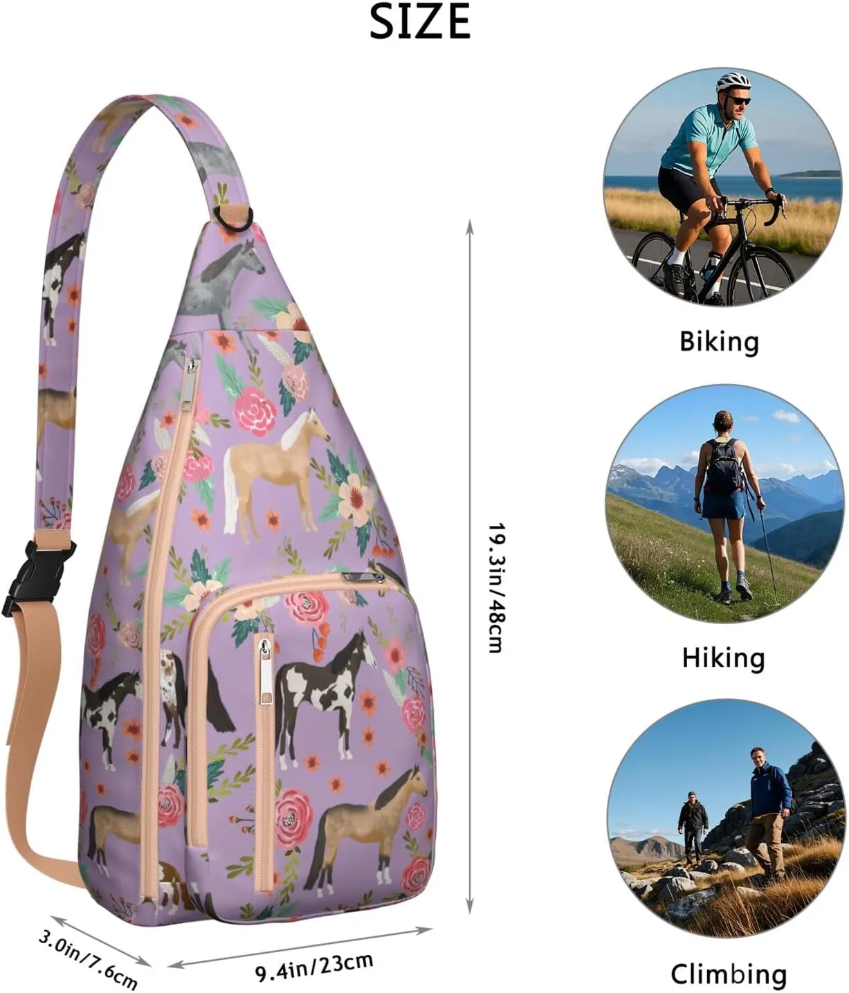 Horse rural flower Crossbody Bag Daypack for Women Men Lightweight Waterproof Sling Bag Backpack Hiking Cycling
