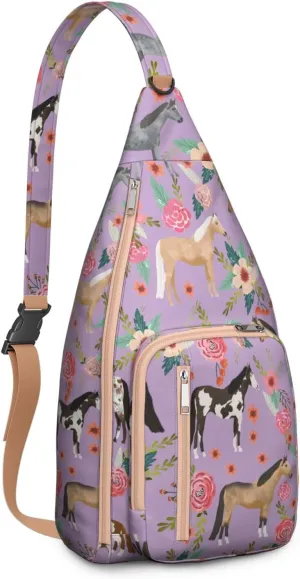 Horse rural flower Crossbody Bag Daypack for Women Men Lightweight Waterproof Sling Bag Backpack Hiking Cycling