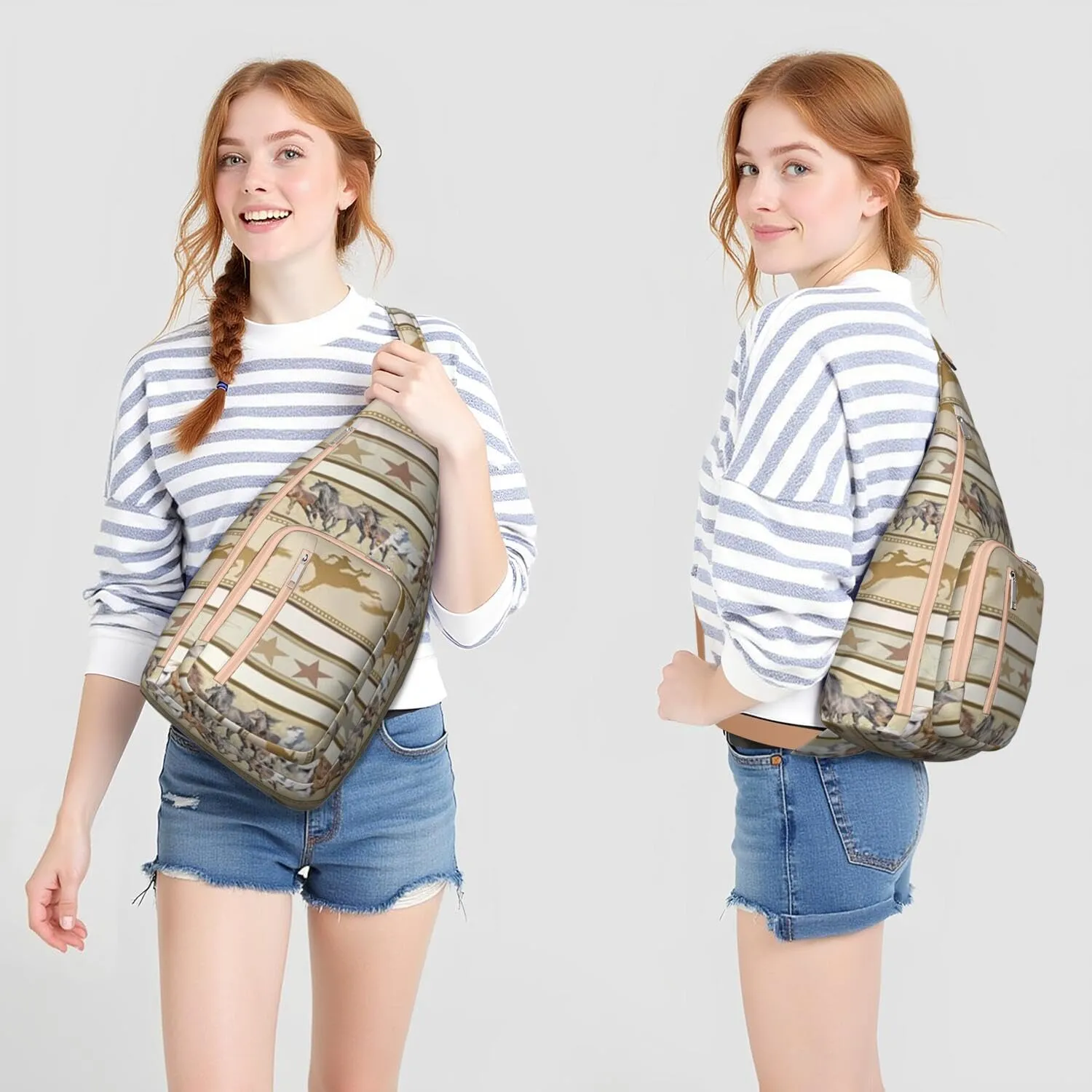 Horse rural flower Crossbody Bag Daypack for Women Men Lightweight Waterproof Sling Bag Backpack Hiking Cycling