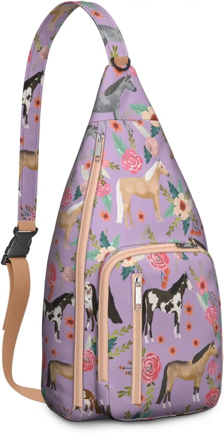 Horse rural flower Crossbody Bag Daypack for Women Men Lightweight Waterproof Sling Bag Backpack Hiking Cycling
