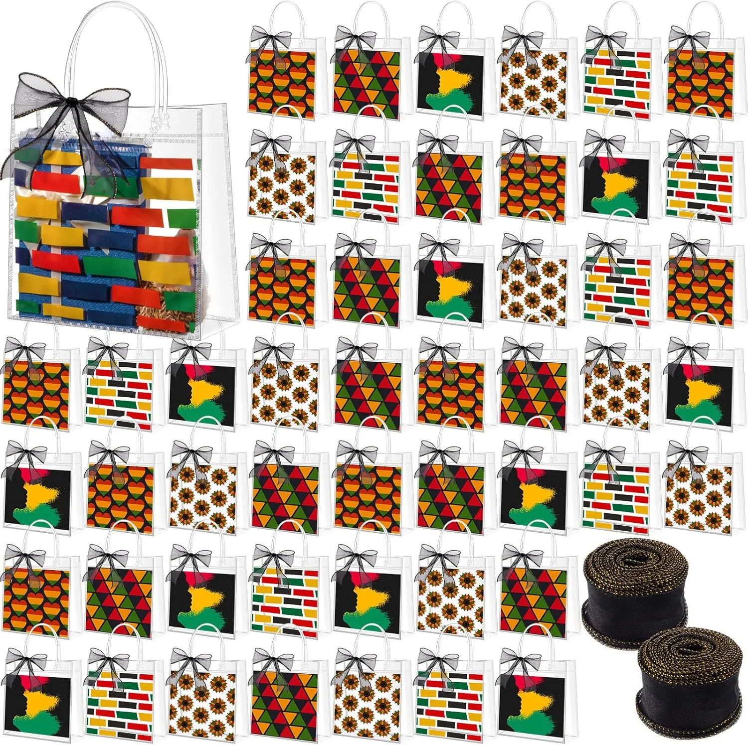 Hosuly 50 Pcs Juneteenth Gift Bags with Handles Juneteenth Party Favor Bags African American Independence Day Plastic Goodie Treat Totes with Ribbon for June 19 Freedom Day Party Supplies