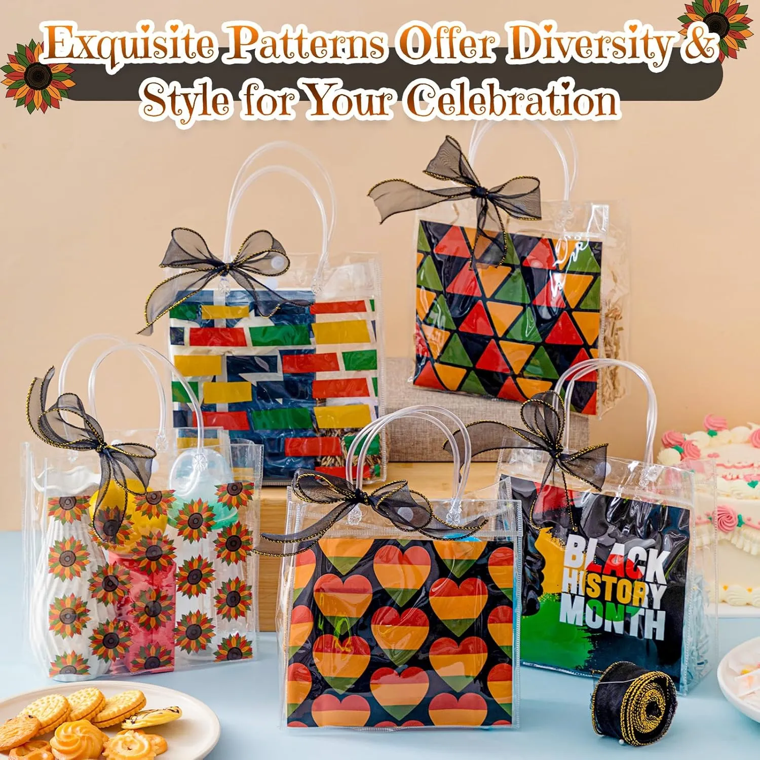 Hosuly 50 Pcs Juneteenth Gift Bags with Handles Juneteenth Party Favor Bags African American Independence Day Plastic Goodie Treat Totes with Ribbon for June 19 Freedom Day Party Supplies