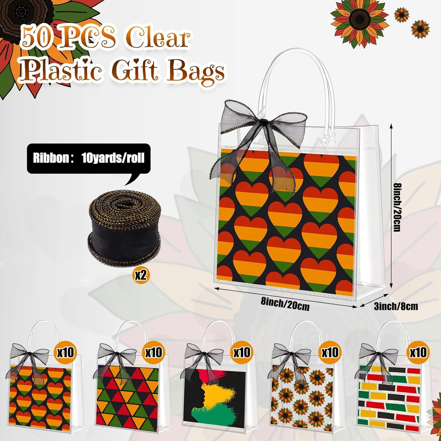 Hosuly 50 Pcs Juneteenth Gift Bags with Handles Juneteenth Party Favor Bags African American Independence Day Plastic Goodie Treat Totes with Ribbon for June 19 Freedom Day Party Supplies