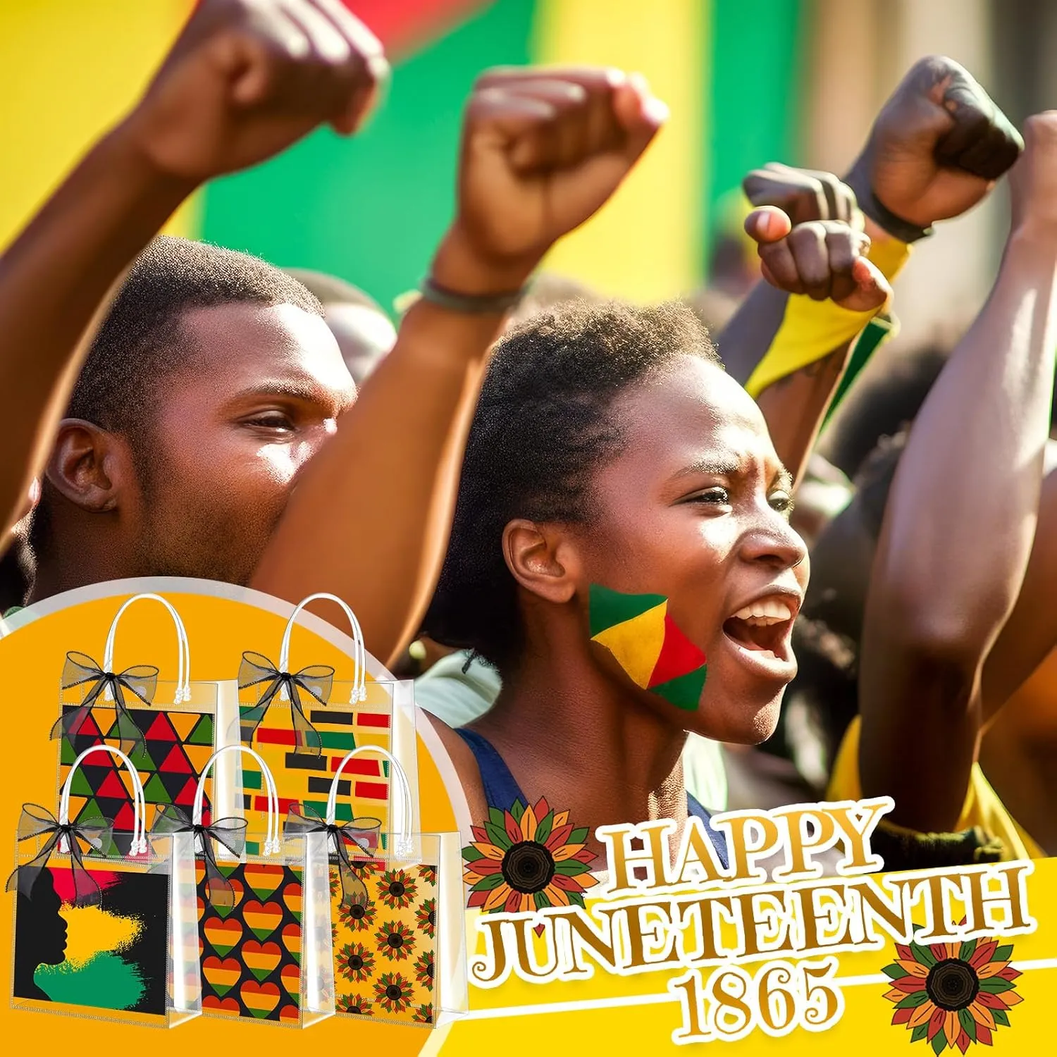 Hosuly 50 Pcs Juneteenth Gift Bags with Handles Juneteenth Party Favor Bags African American Independence Day Plastic Goodie Treat Totes with Ribbon for June 19 Freedom Day Party Supplies