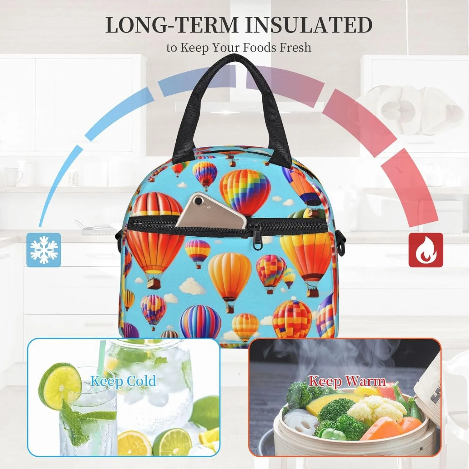 Hot Air Balloons Print Crossbody Insulated Lunch Bags For Women Men Cooler Bag Lightweight Waterproof Lunch Box