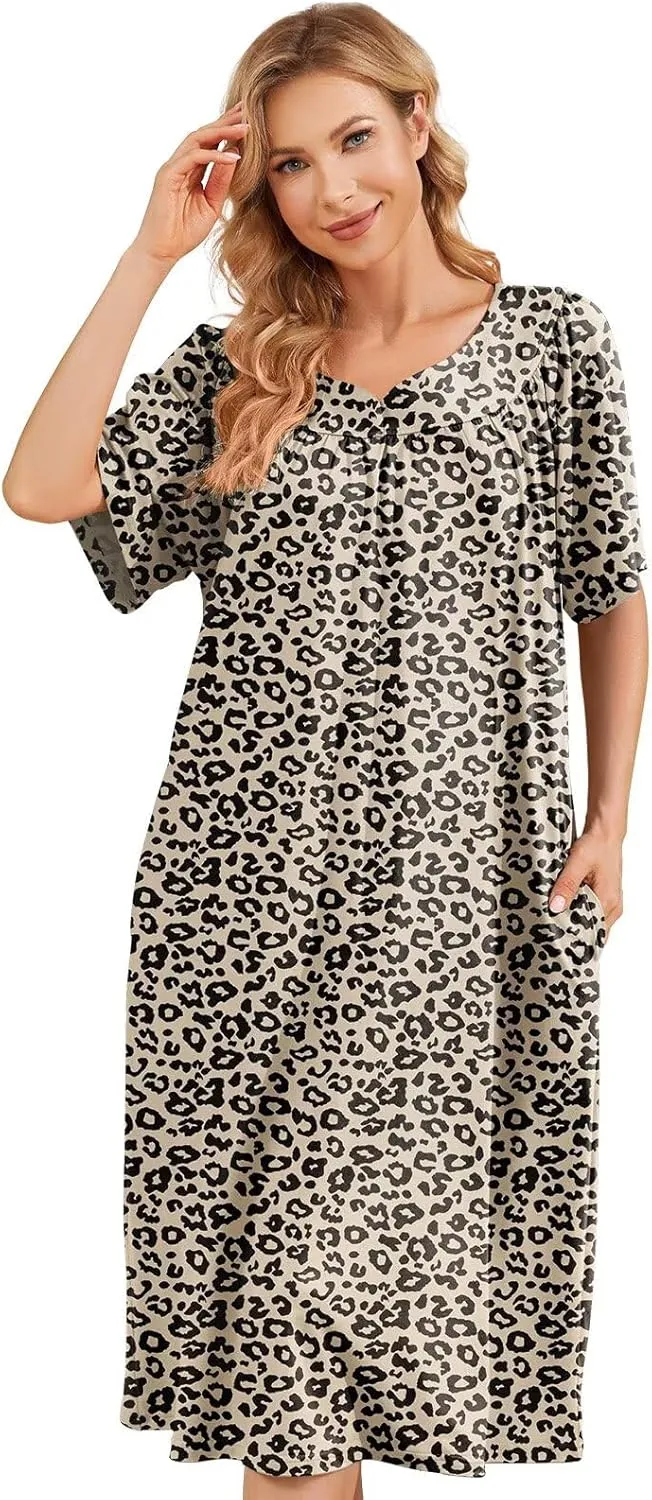 House Dresses for Women with Pockets Moo Moo Nightgown Short Sleeve Mumu Dress Lounge Dress S-3XL