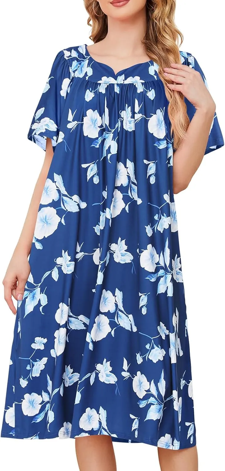 House Dresses for Women with Pockets Moo Moo Nightgown Short Sleeve Mumu Dress Lounge Dress S-4XL
