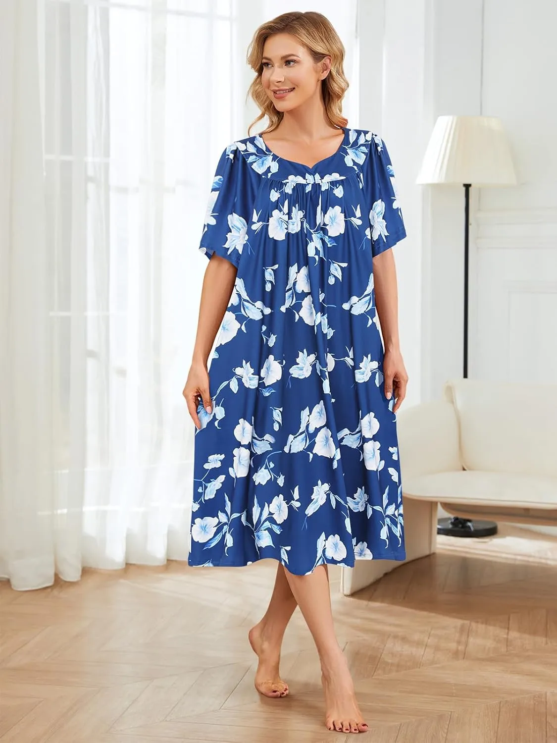House Dresses for Women with Pockets Moo Moo Nightgown Short Sleeve Mumu Dress Lounge Dress S-4XL