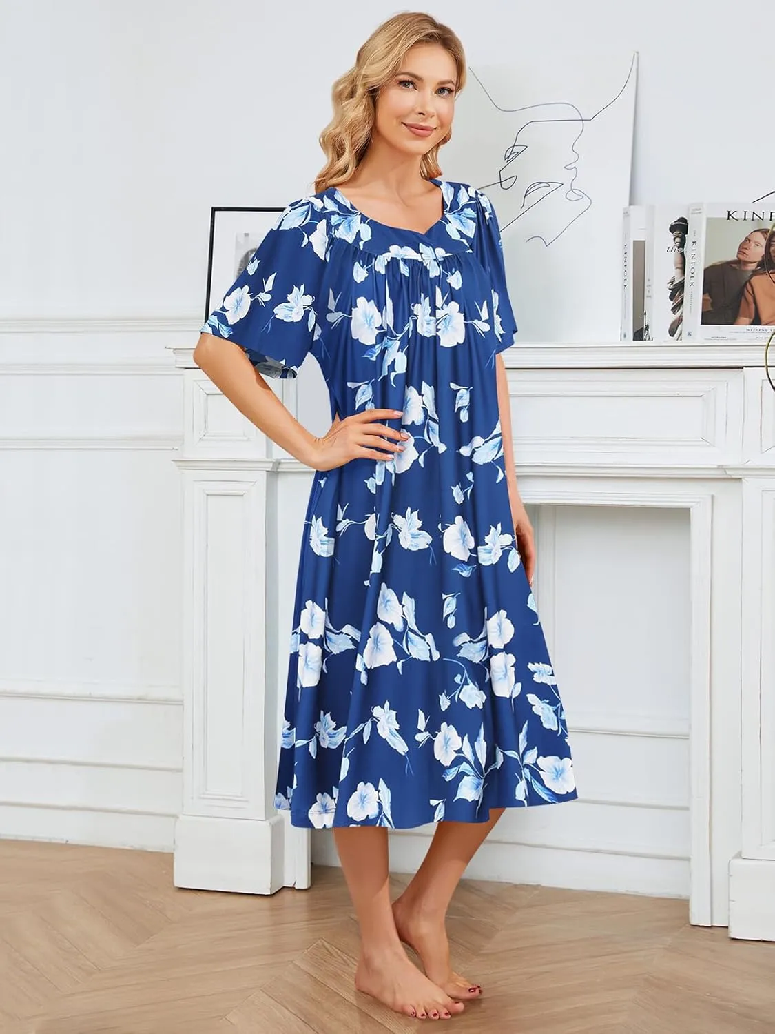 House Dresses for Women with Pockets Moo Moo Nightgown Short Sleeve Mumu Dress Lounge Dress S-4XL