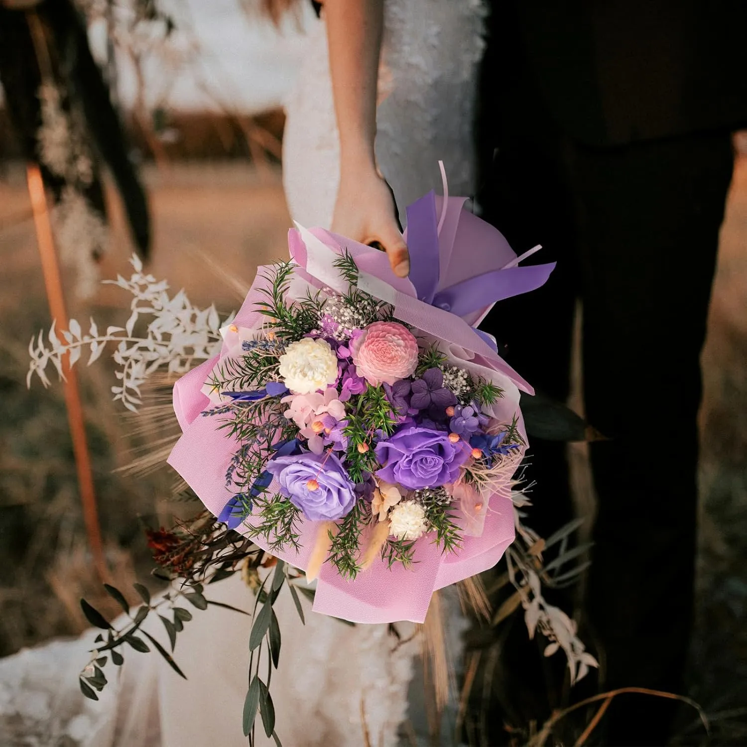 HUACHIPLUS Natural Eternal Flowers Gift: Preserved Flowers Bouquet, Valentine, Anniversary, Birthday, Mothers Day Flowers for her-Flowers for Delivery Prime-Purple Forever Flowers Bouquet (Lilac)