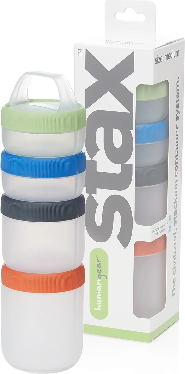 humangear STAX, Stackable Snack Containers - 4-Piece Leak-Proof Snack Travel System - FDA-Food Safe, BPA/PC/Phthalate-Free - Stackable & Click-Together Food Storage, Medium