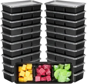 Hushee 75 Pack 17 oz Small Meal Prep Containers 3 Compartments with Lids, Disposable Plastic Bento Boxes Reusable Stackable Food Containers Travel Lunch Boxes for Office, Picnic (Black)