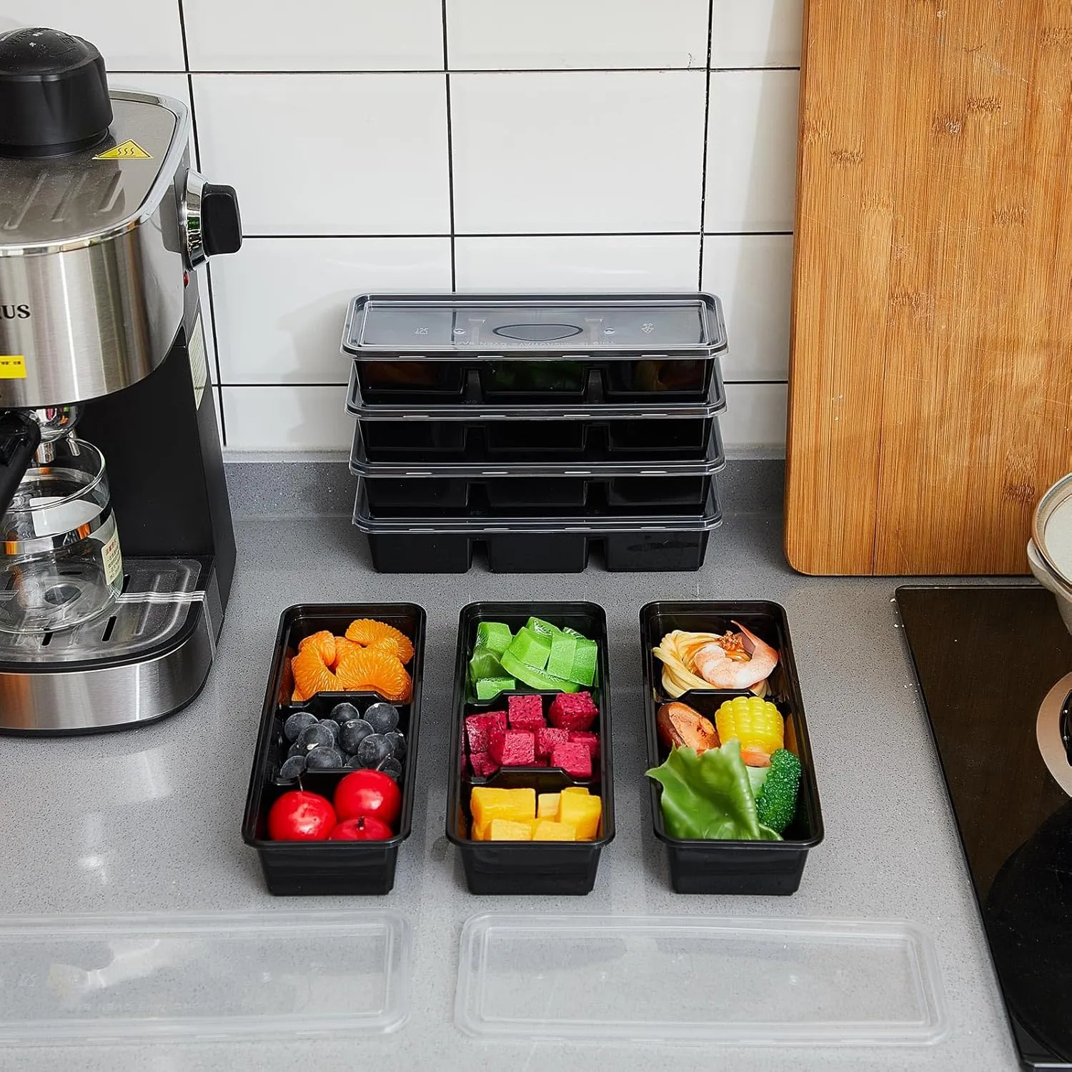 Hushee 75 Pack 17 oz Small Meal Prep Containers 3 Compartments with Lids, Disposable Plastic Bento Boxes Reusable Stackable Food Containers Travel Lunch Boxes for Office, Picnic (Black)