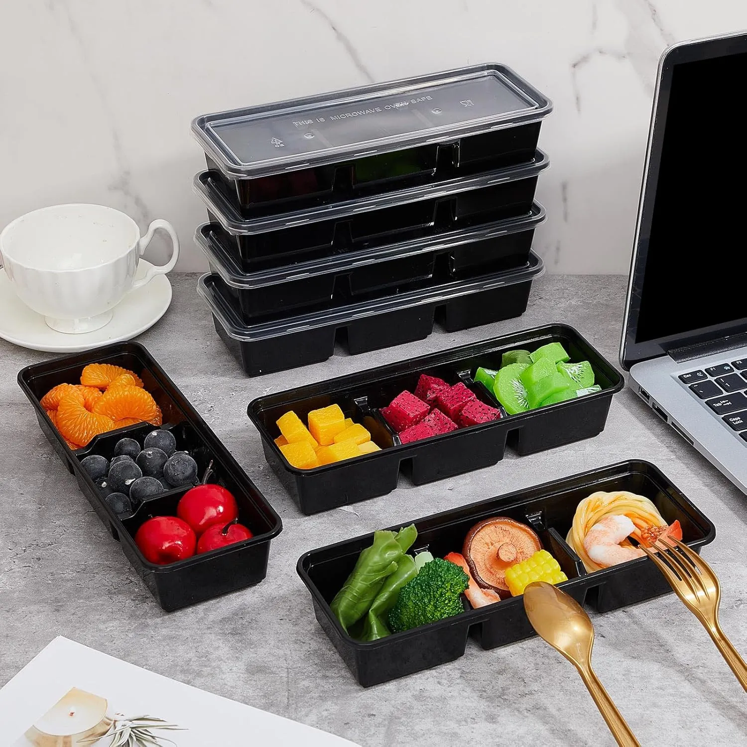Hushee 75 Pack 17 oz Small Meal Prep Containers 3 Compartments with Lids, Disposable Plastic Bento Boxes Reusable Stackable Food Containers Travel Lunch Boxes for Office, Picnic (Black)