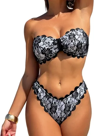 HYTENSUN Women' s Bandeau Strapless Bikini Scalloped 2 Piece Swimsuit Sexy Mesh Floral Lace Patchwork Bathing Suit High Cut