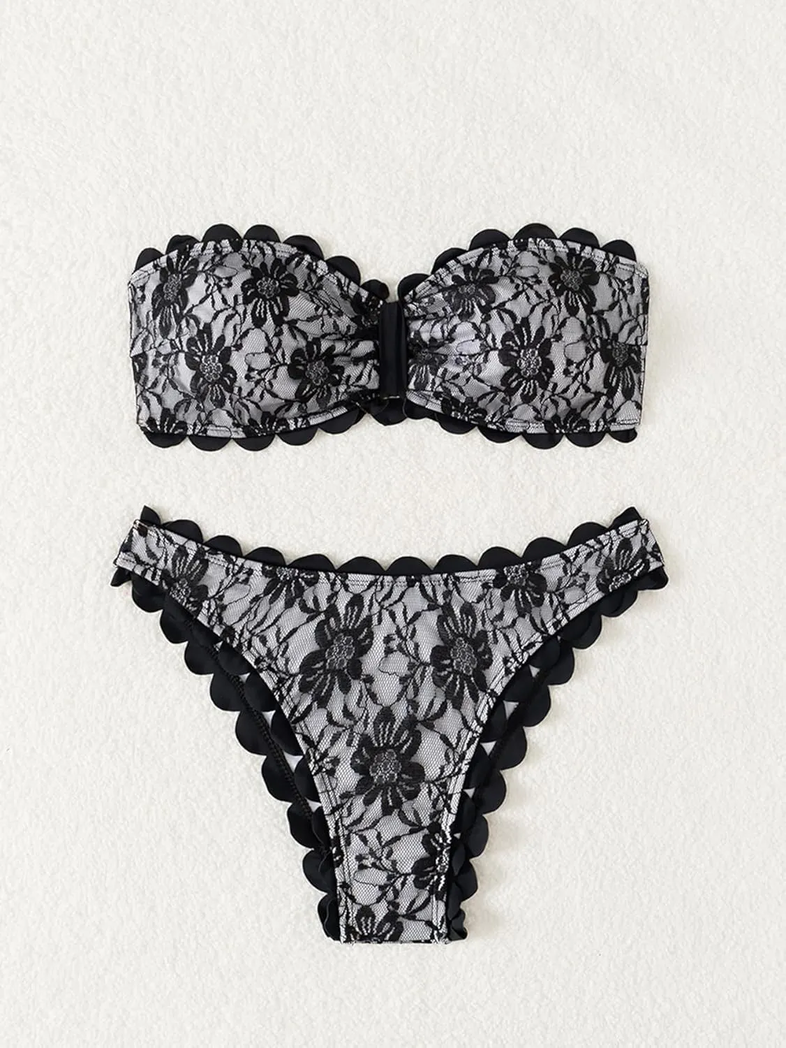 HYTENSUN Women' s Bandeau Strapless Bikini Scalloped 2 Piece Swimsuit Sexy Mesh Floral Lace Patchwork Bathing Suit High Cut