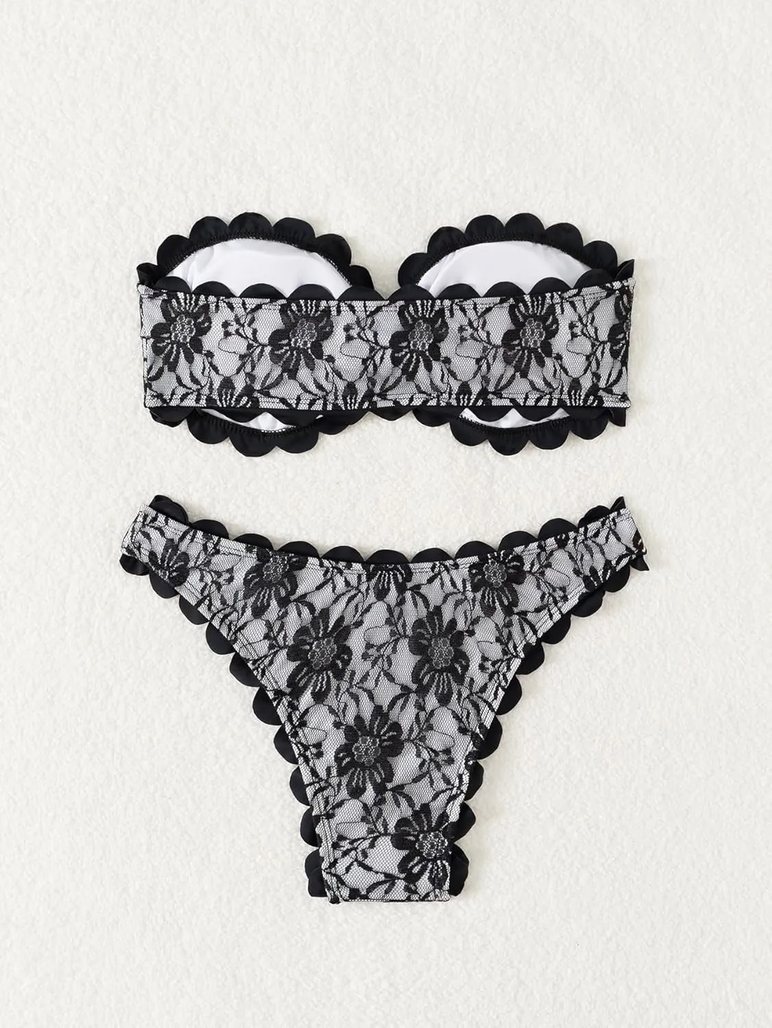 HYTENSUN Women' s Bandeau Strapless Bikini Scalloped 2 Piece Swimsuit Sexy Mesh Floral Lace Patchwork Bathing Suit High Cut