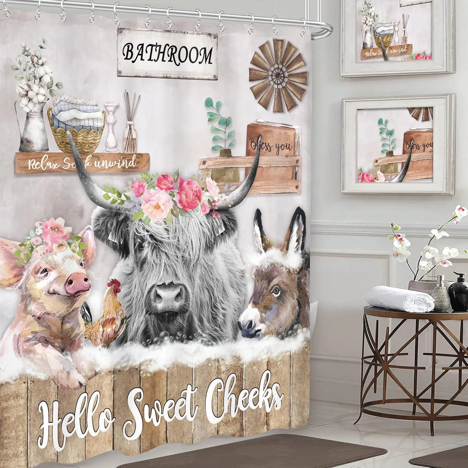 Imirell Rustic Highland Cow Shower Curtain 60Wx72H Inches Farm Funny Animal Farmhouse Donkey Chicken Pig Flower Wooden Country Western Wildlife Fabric Waterproof Polyester with 12 Pack Hooks Plastic