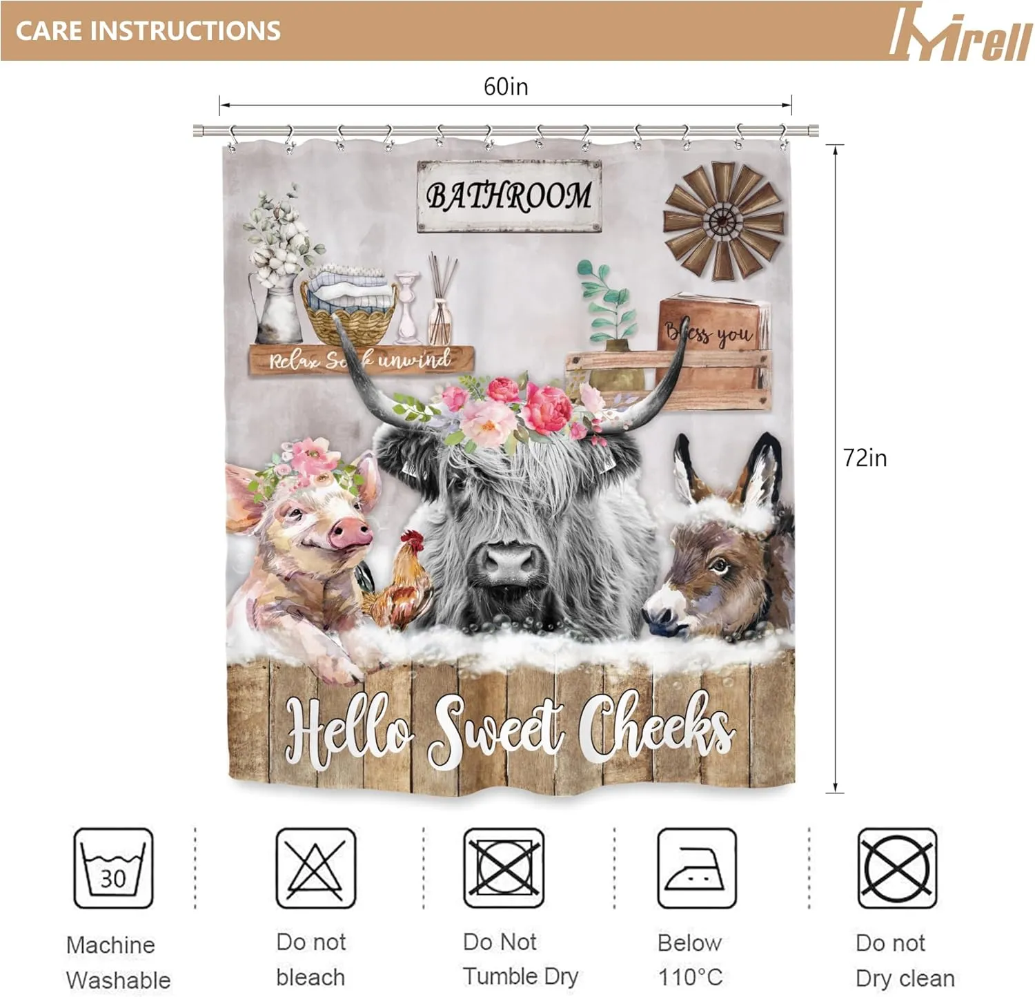 Imirell Rustic Highland Cow Shower Curtain 60Wx72H Inches Farm Funny Animal Farmhouse Donkey Chicken Pig Flower Wooden Country Western Wildlife Fabric Waterproof Polyester with 12 Pack Hooks Plastic
