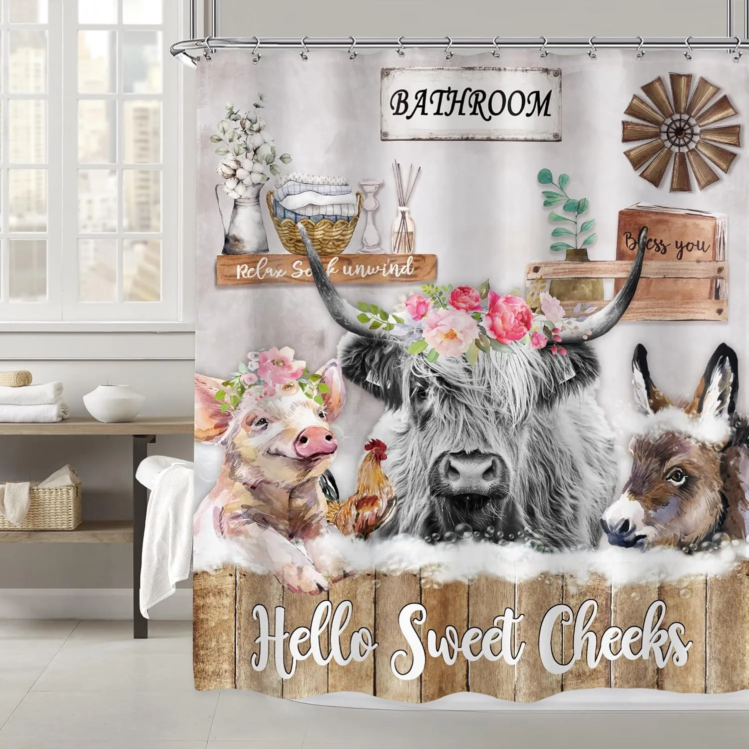 Imirell Rustic Highland Cow Shower Curtain 60Wx72H Inches Farm Funny Animal Farmhouse Donkey Chicken Pig Flower Wooden Country Western Wildlife Fabric Waterproof Polyester with 12 Pack Hooks Plastic