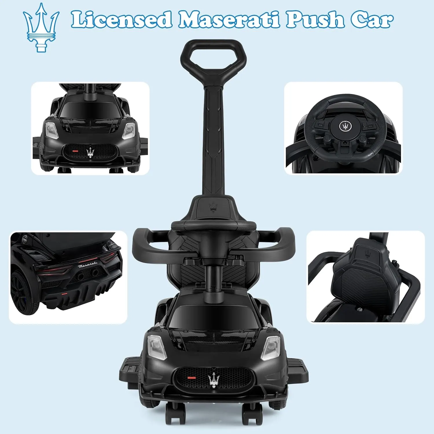 INFANS 3 in 1 Push Car for Toddlers, Licensed Maserati Baby Stroller Sliding Walking Car with Push Handle, Horn, Music, Underneath Storage, Foot-to-Floor Ride on Toys for Boys Girls (Black)